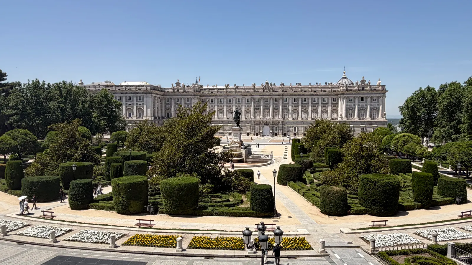 Palacio Real seen frontally from the gardens of Plaza de Oriente, Madrid