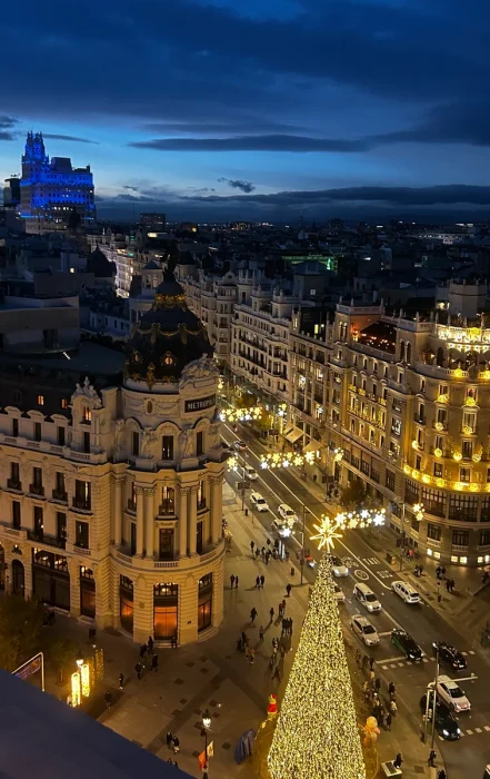 Edificio Metrópolis and Gran Vía seen from the Círculo de Bellas Artes rooftop in the evening, Madrid